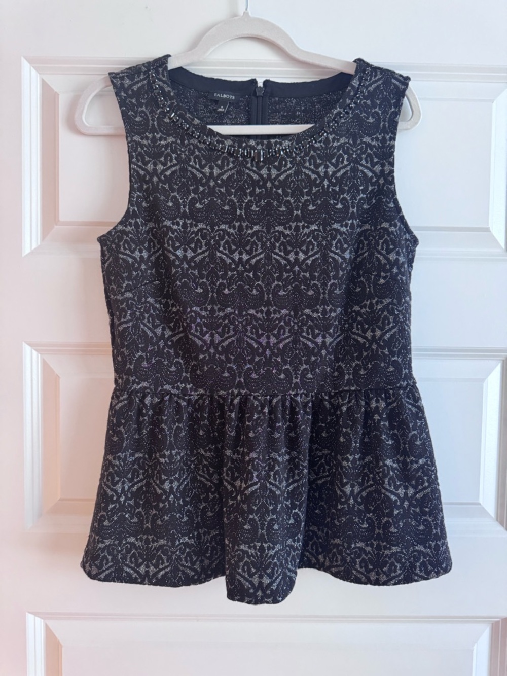 Talbots Black and Gray Embellished Peplum Top